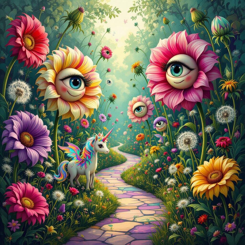 Surreal Garden of Smiling Flowers and a Unicorn Dragon