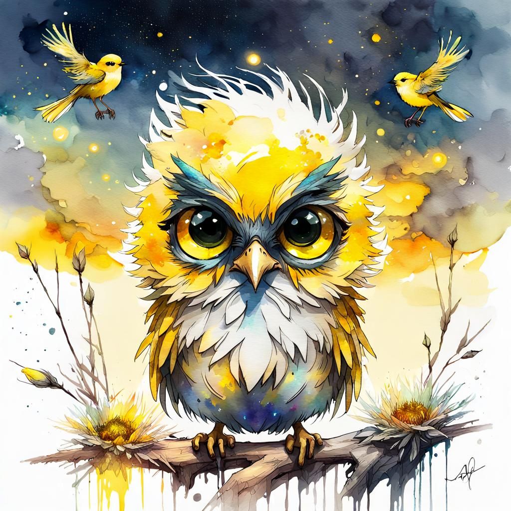 Chibi Yellow Birds in Watercolor Galaxy