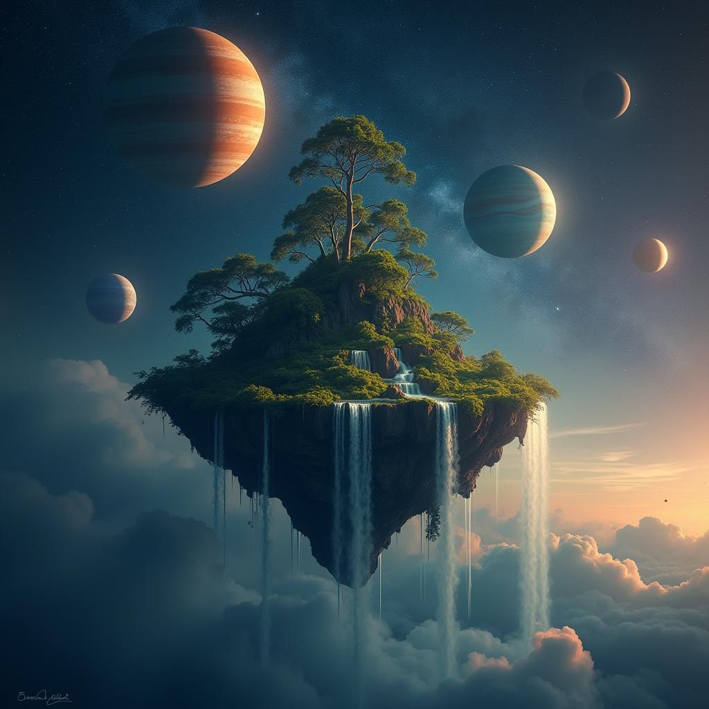 Tropical Island Suspended in Starry Outer Space