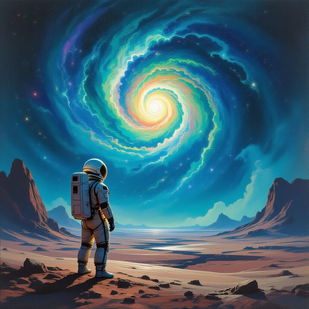 Astronaut on Alien Planet with Psychedelic Galaxy