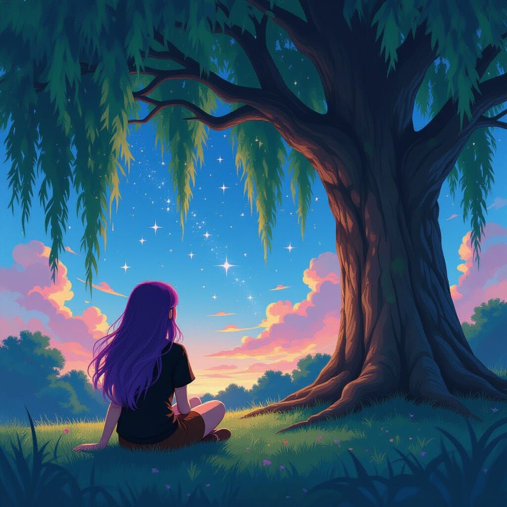 Girl Gazes at Stars Under Willow Tree in Graffiti Style