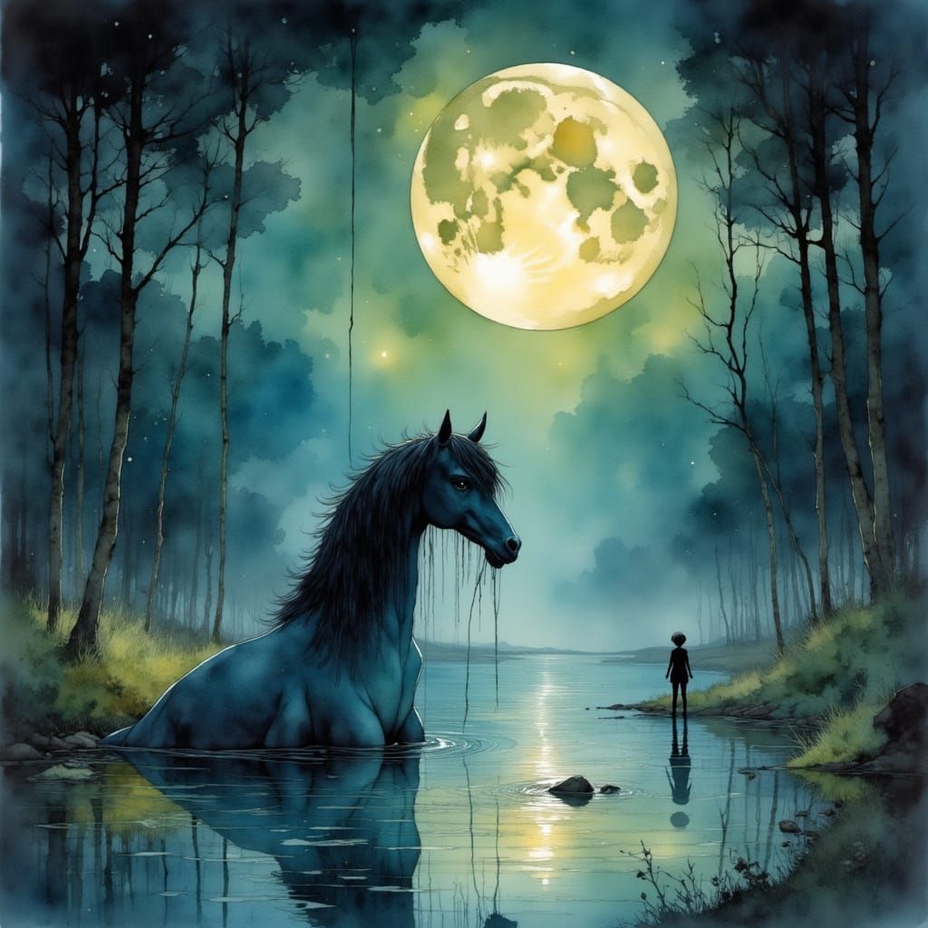 Mythical Kelpie Emerges in Whimsical Watercolor Style