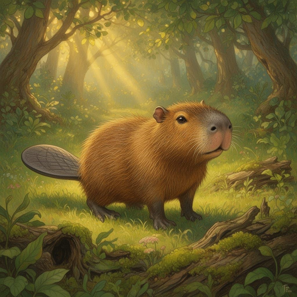 Whimsical Capybara-Beaver Hybrid in Forest