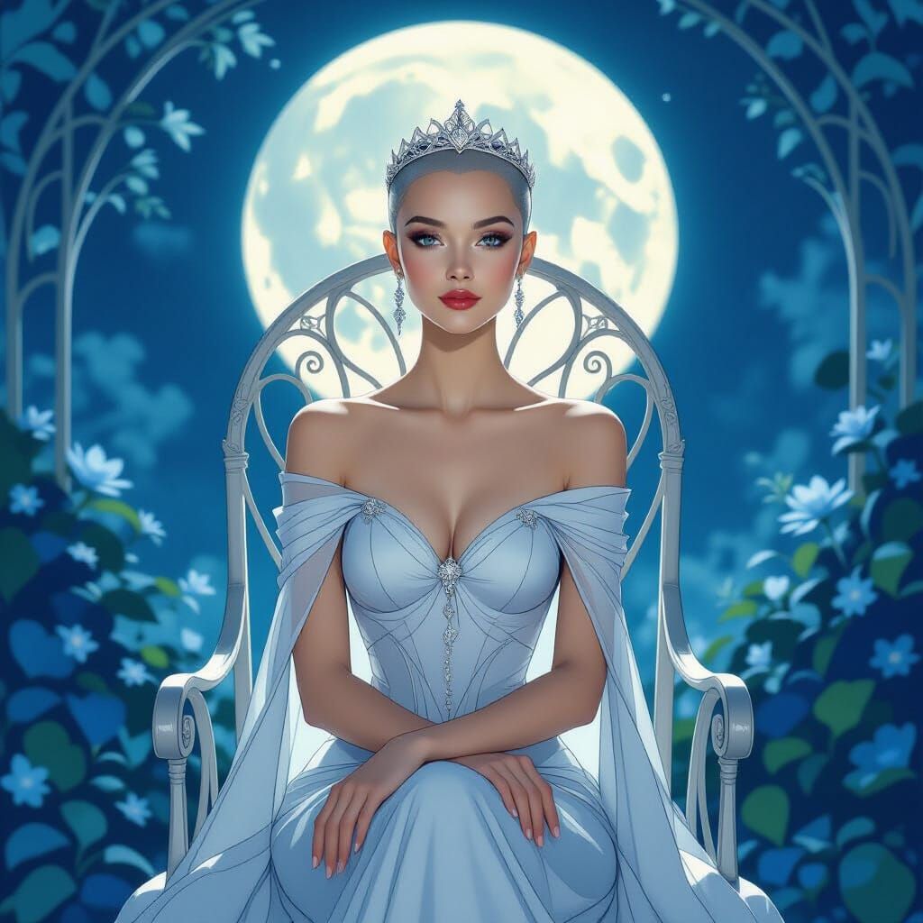 Ethereal Princess with Silver Circlet in Moonlit Garden