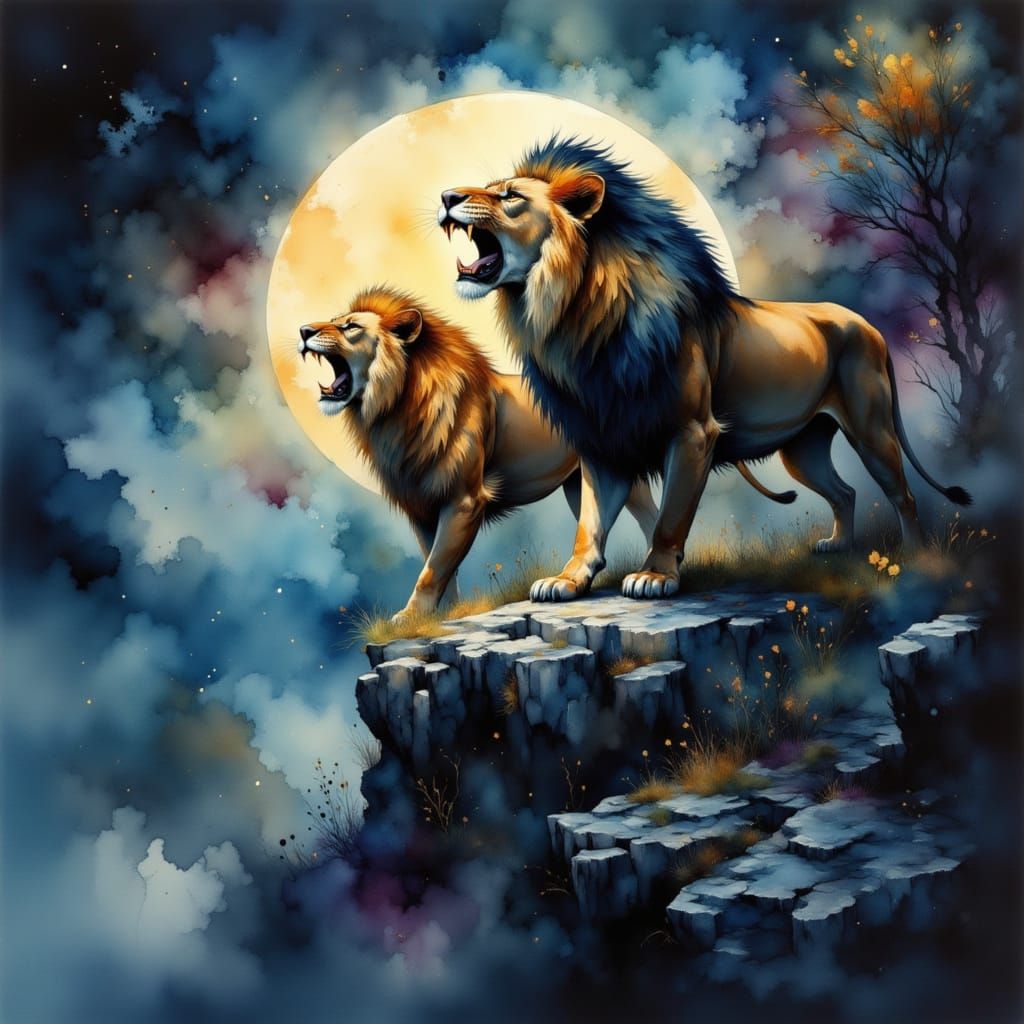 Lions Roaring Under the Moon in Watercolor Style