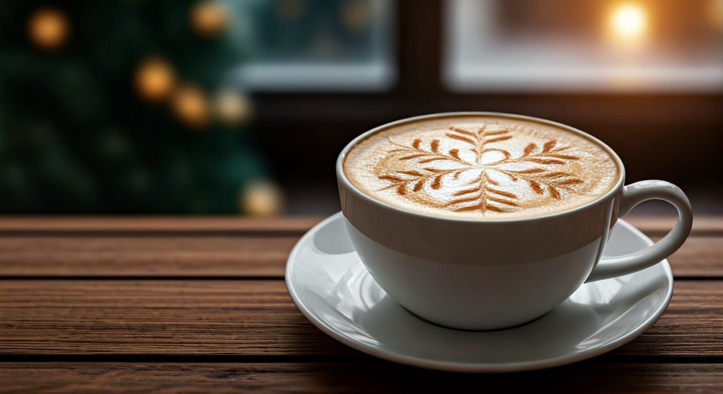 Snowflake Latte Art in Winter Window Scene