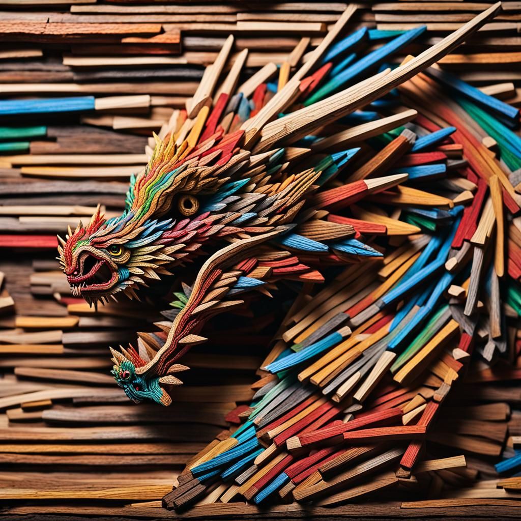 Dragon Sculpture Assembled from Matchsticks and Wood