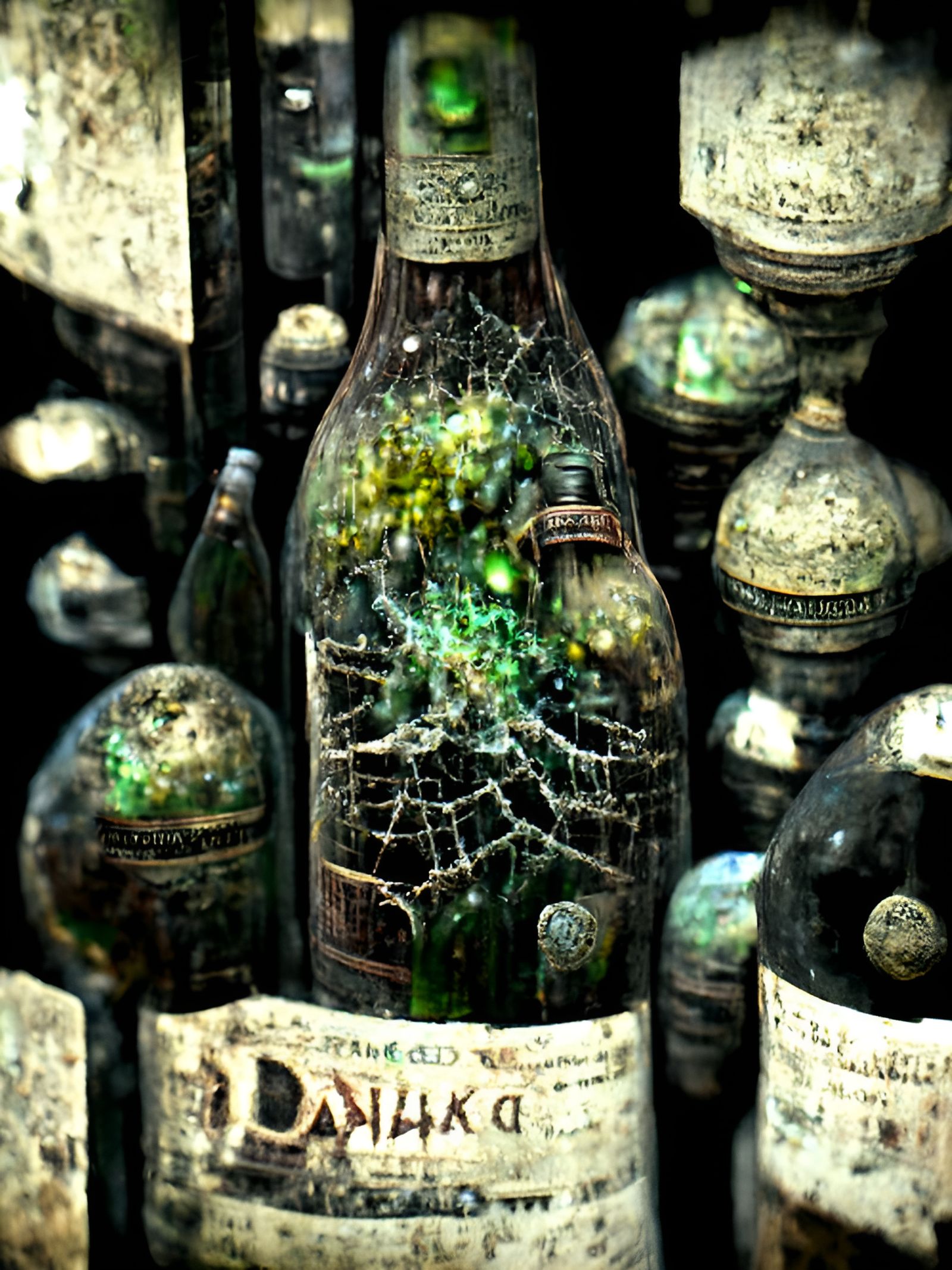 Decaying Wine Bottles with Cobwebs, Detailed and Realistic