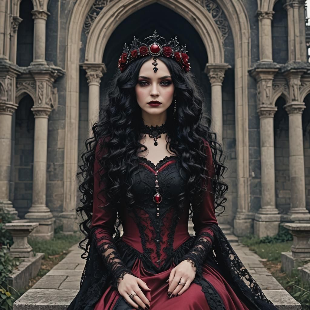 Gothic Dark Fairy in Burgundy Gown with Palace Backdrop