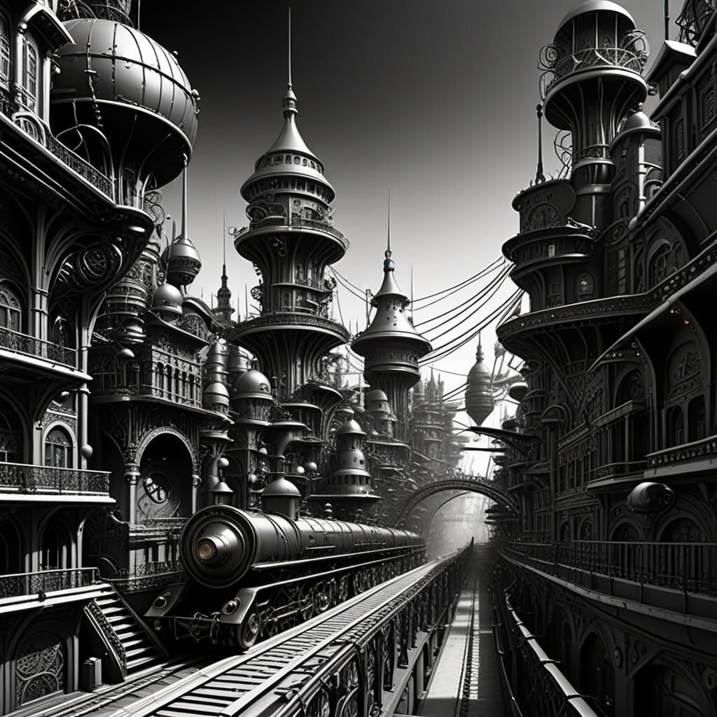 Monochrome Steampunk City of Filigree Wires