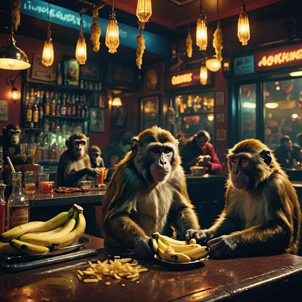 Monkeys Threaten Bar Patrons in Noir Film Still
