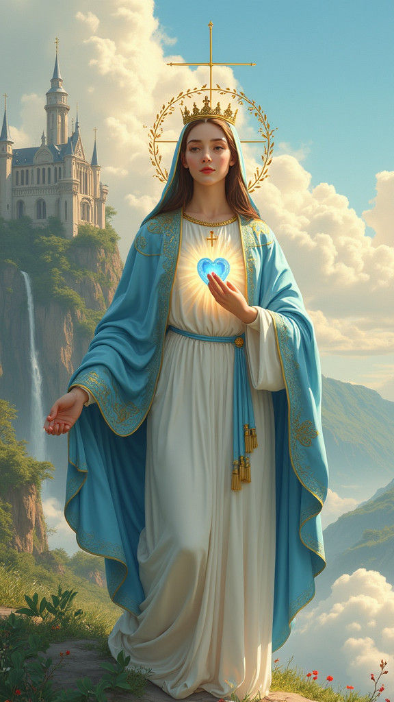 Virgin Mary in Clouds Digital Illustration