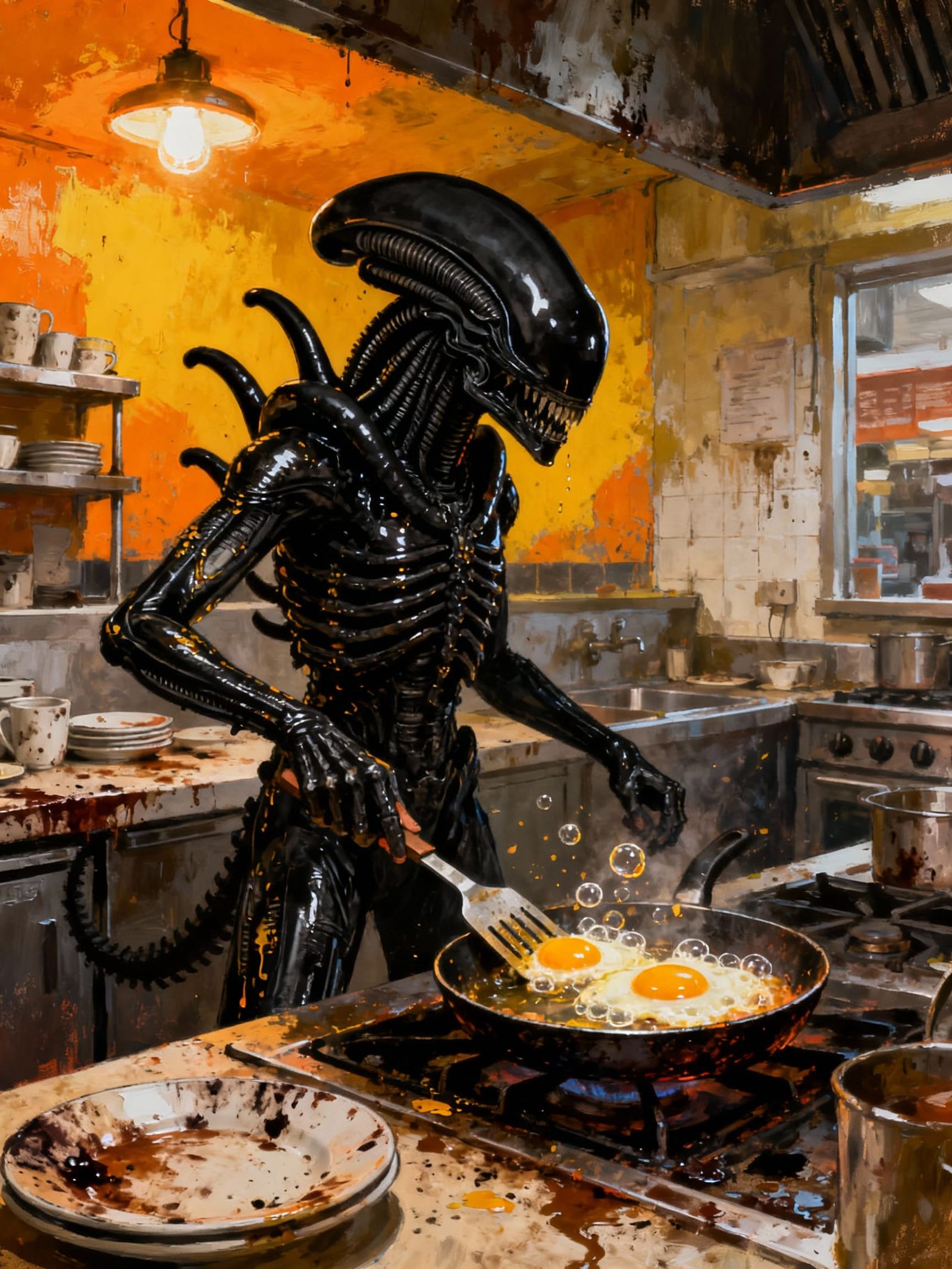 Xenomorph Chef Cooks Eggs In Grimy Cafe Kitchen