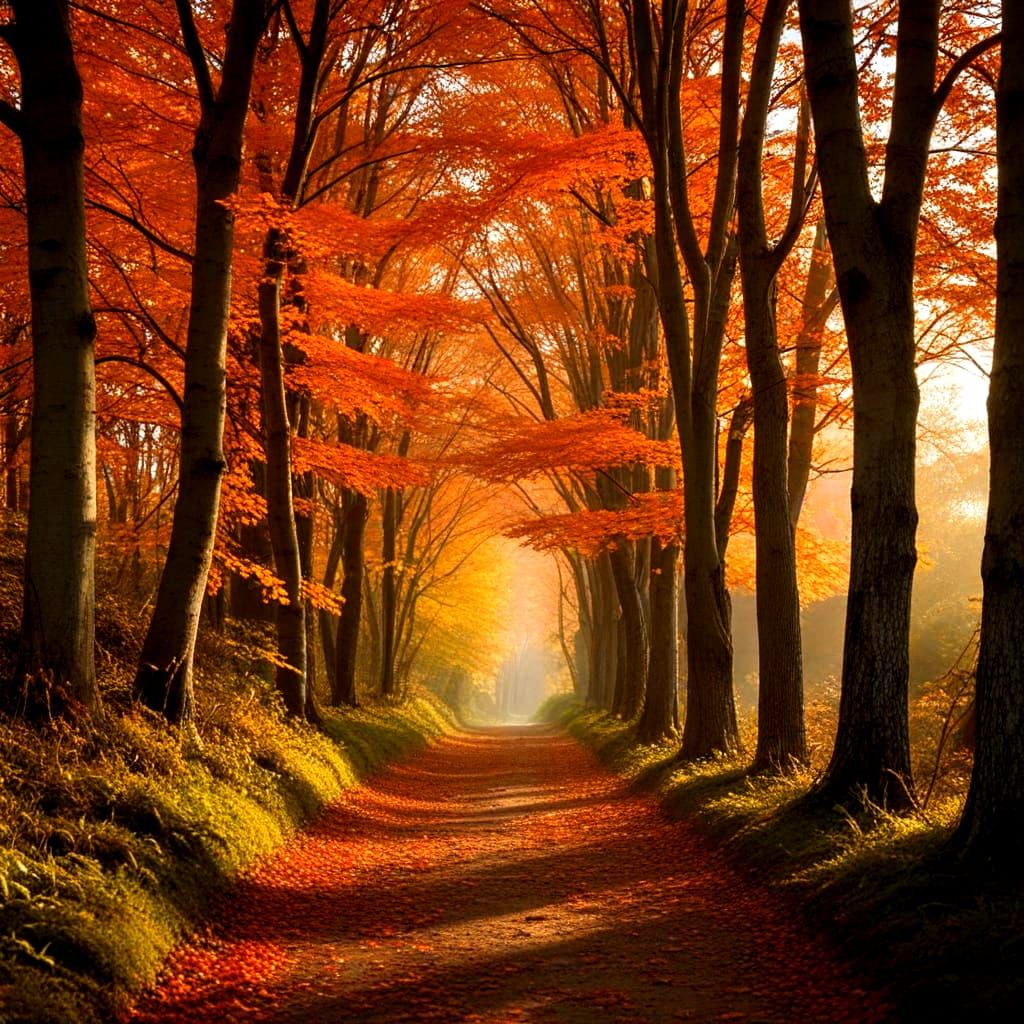 Fiery Autumn Path Through Mountain Forest