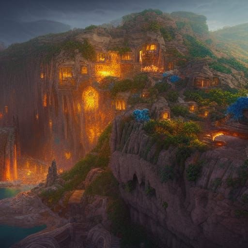 Fantastical Cliff Village Concept Art