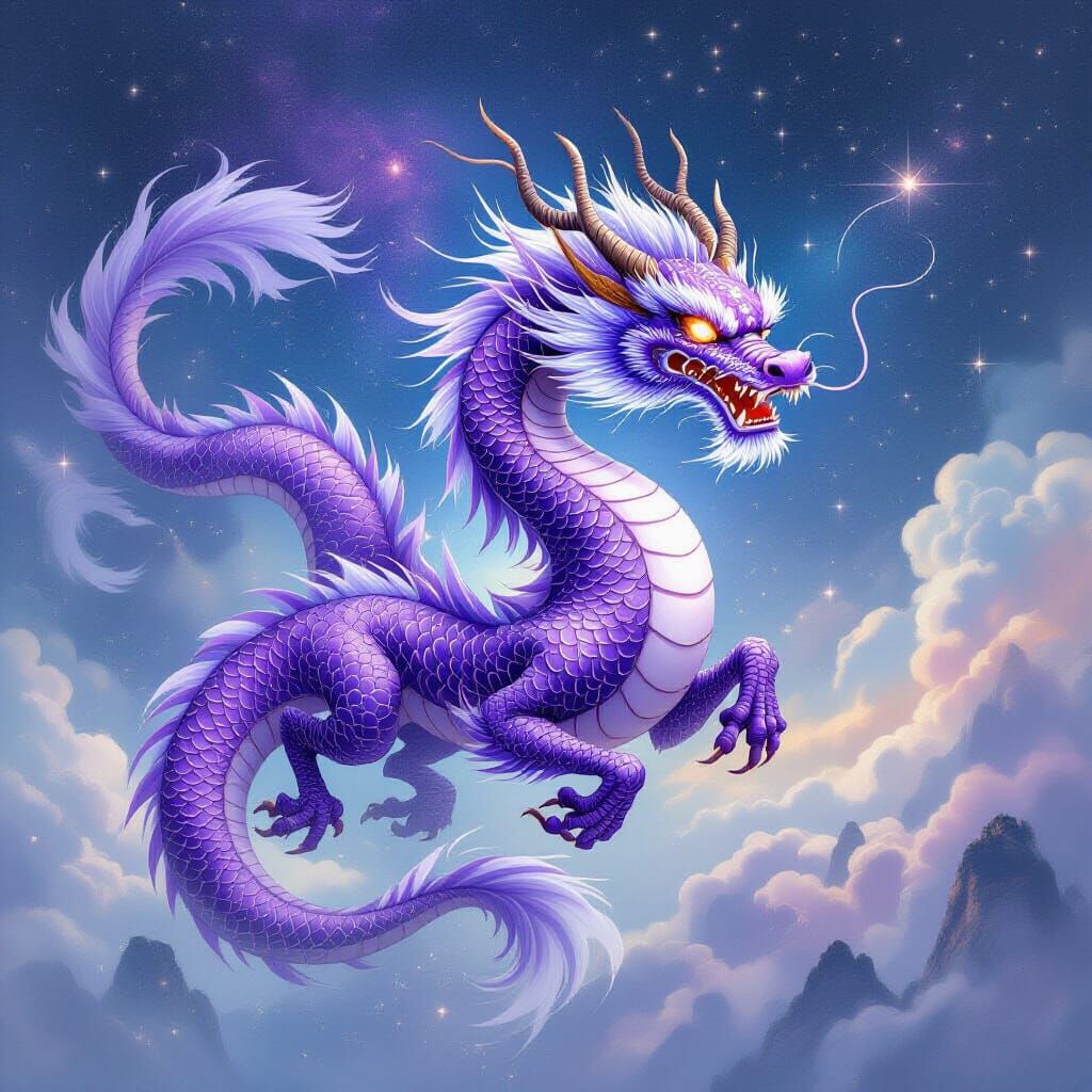 Celestial Purple Dragon Soaring Through Starry Sky