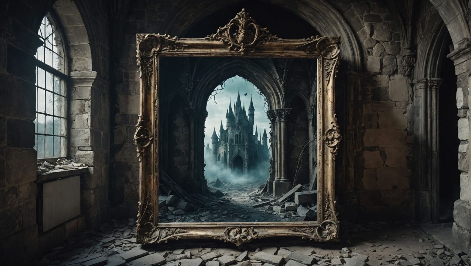 Mysterious Glowing Mirror in Gothic Castle Ruins