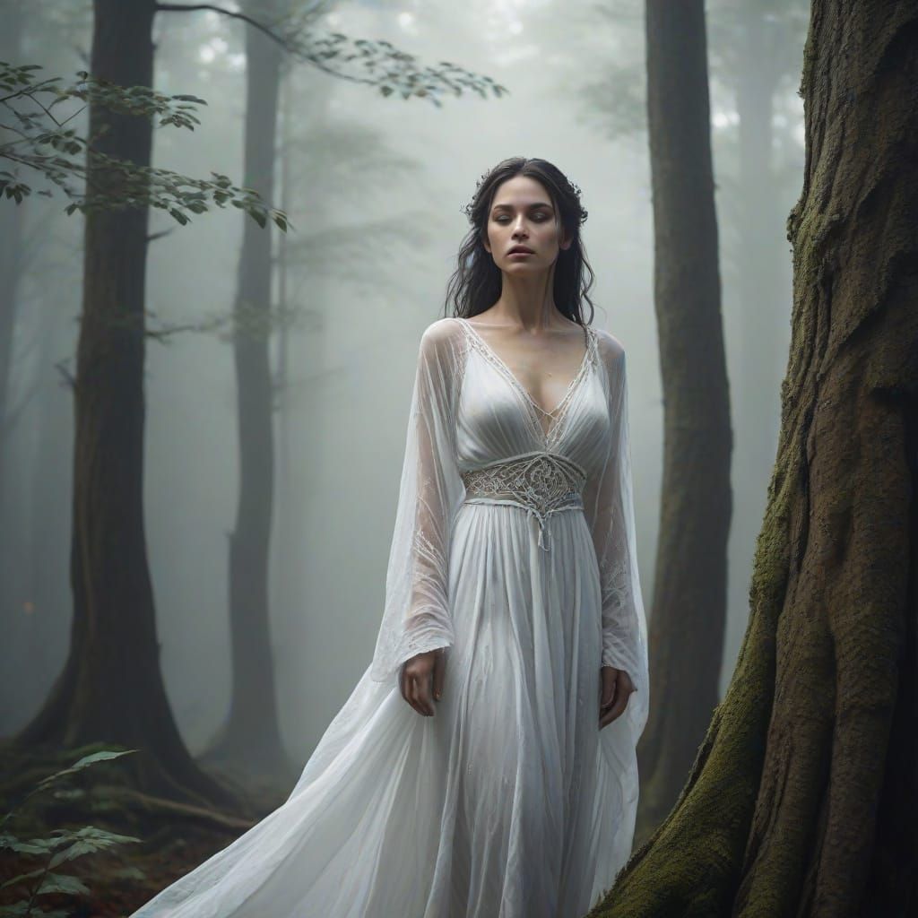 Ethereal Woman Hiding in Foggy Forest