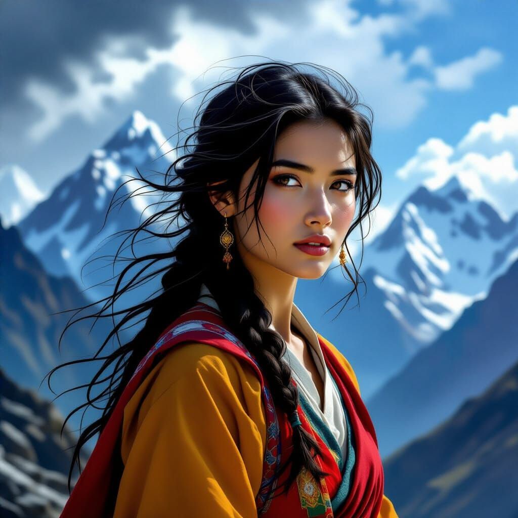 European Woman in Tibetan Attire Amidst Himalayan Peaks