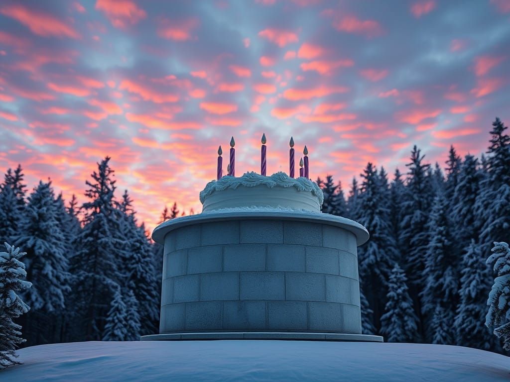 Iridescent Winter Sunset on Brutalist Concrete Birthday Cake