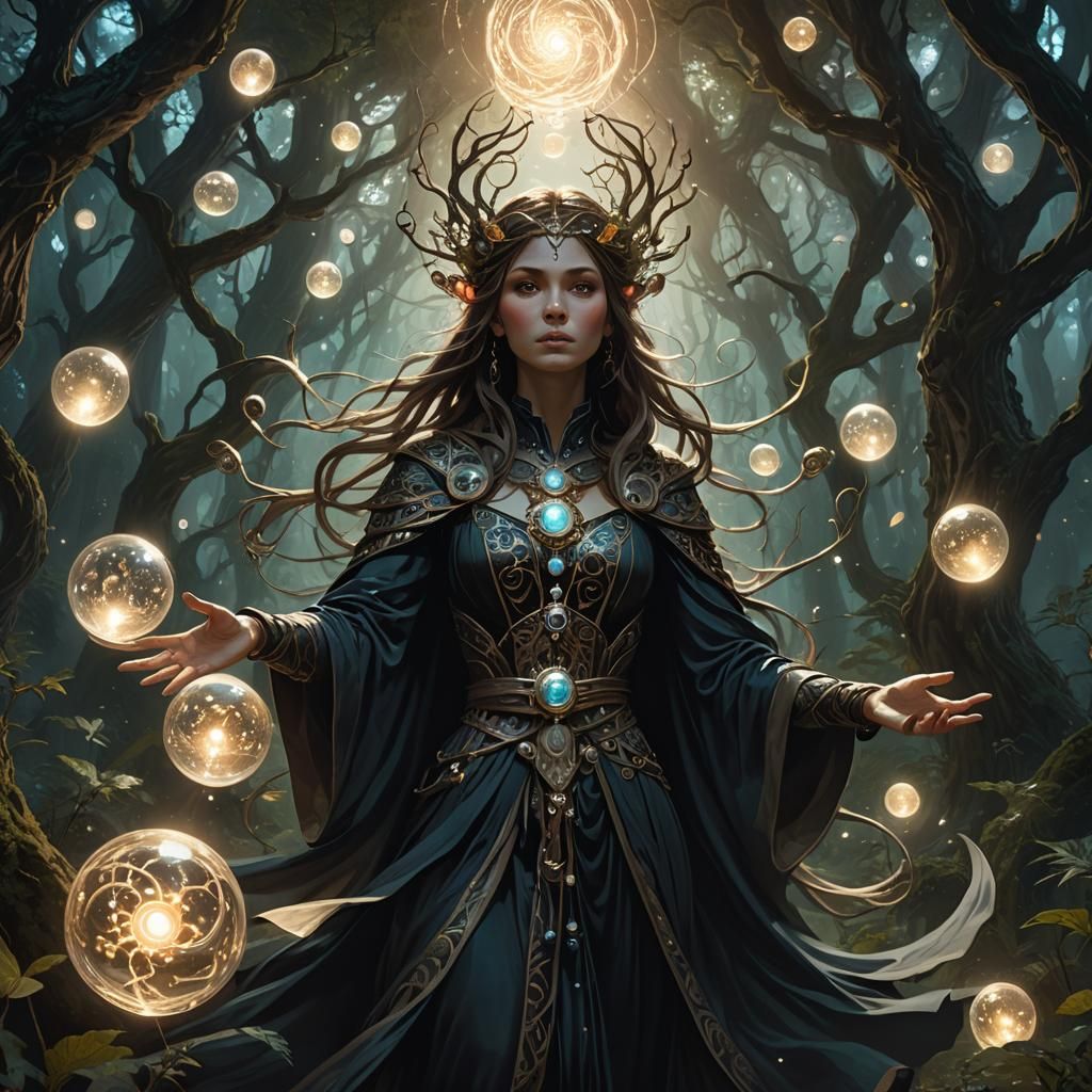 Levitating Sorceress in Mystical Forest, Fantasy Art