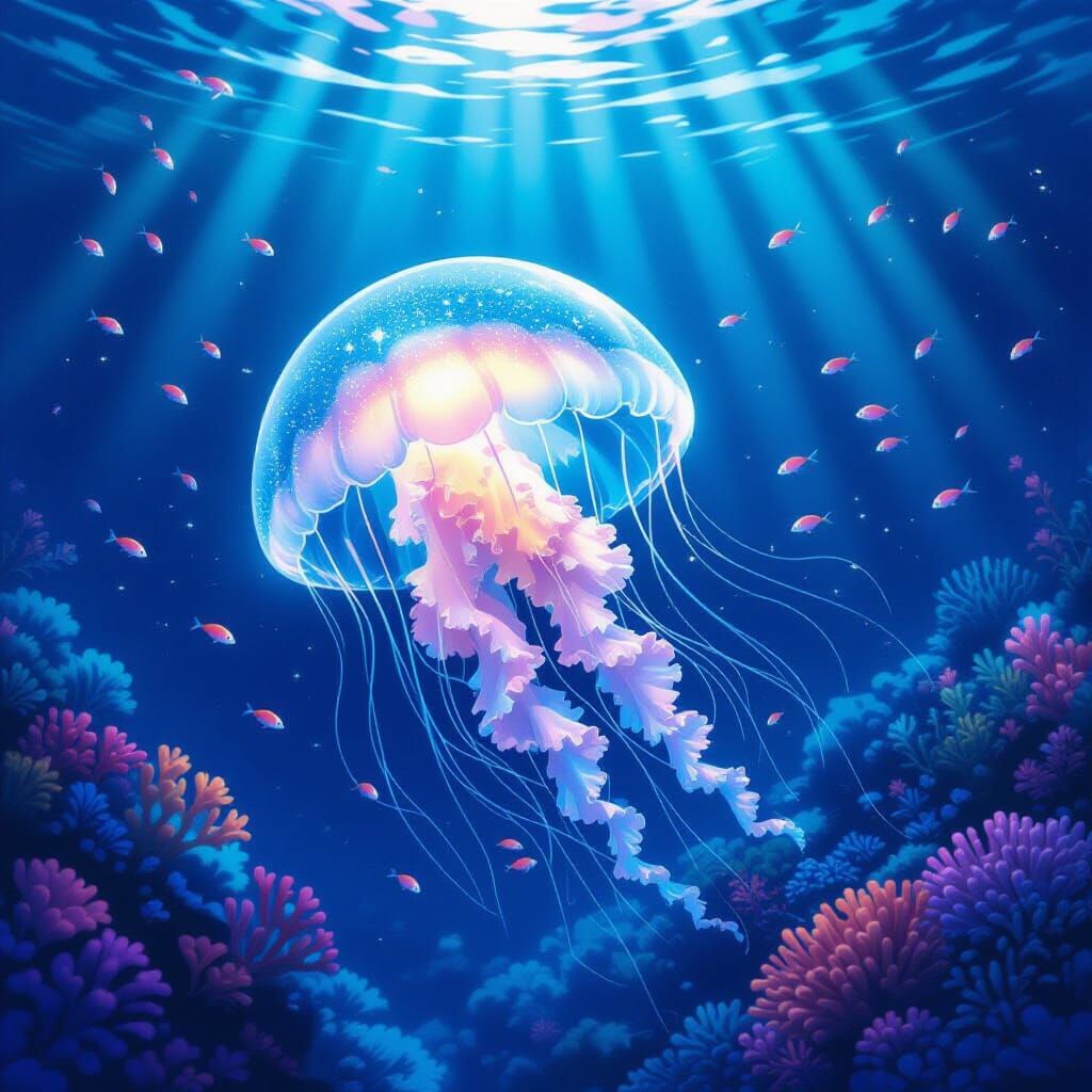 Bioluminescent Jellyfish in Twilight Coral Reef