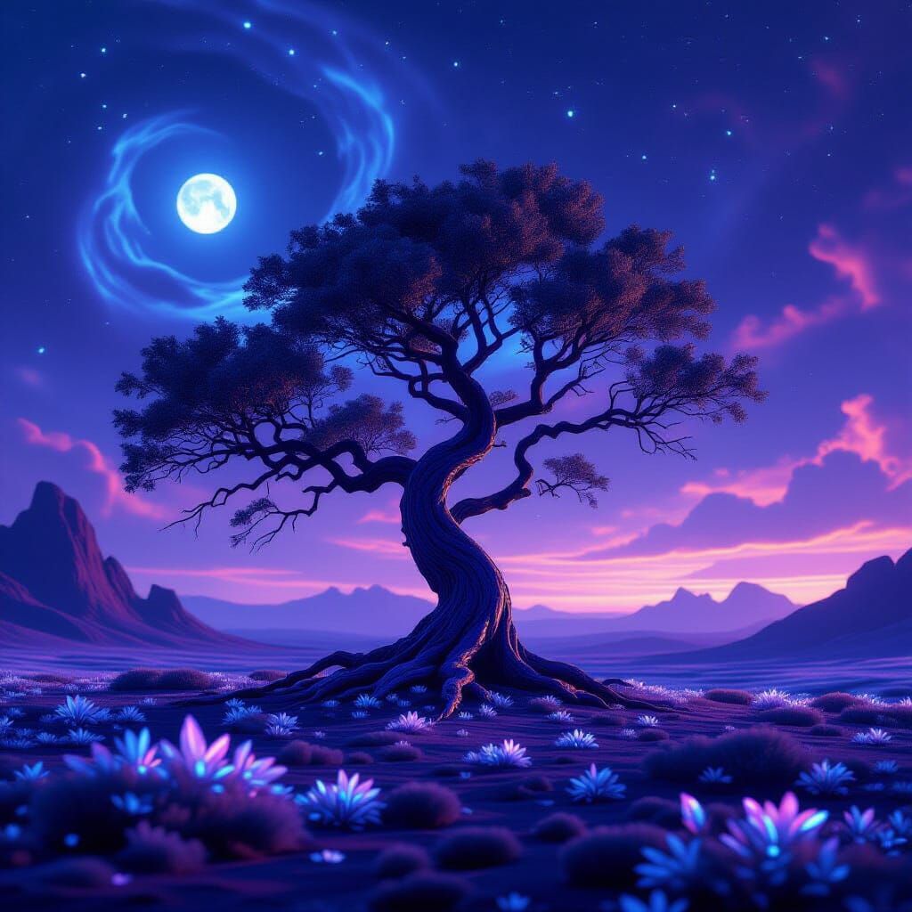 Ancient Alien Tree with Holographic Bark Under Nebula Sky