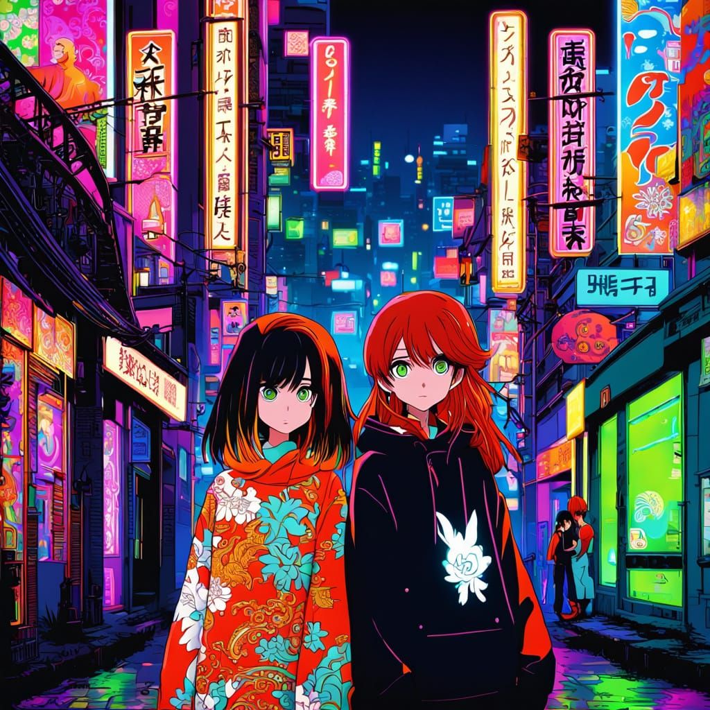 Anime Couple in Neon City Street