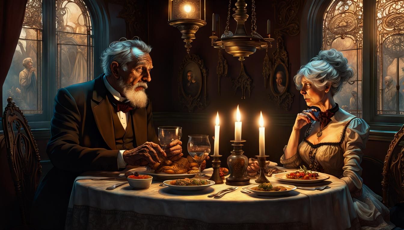 Steampunk Couple's Sinister Candlelit Dinner in Horror Style