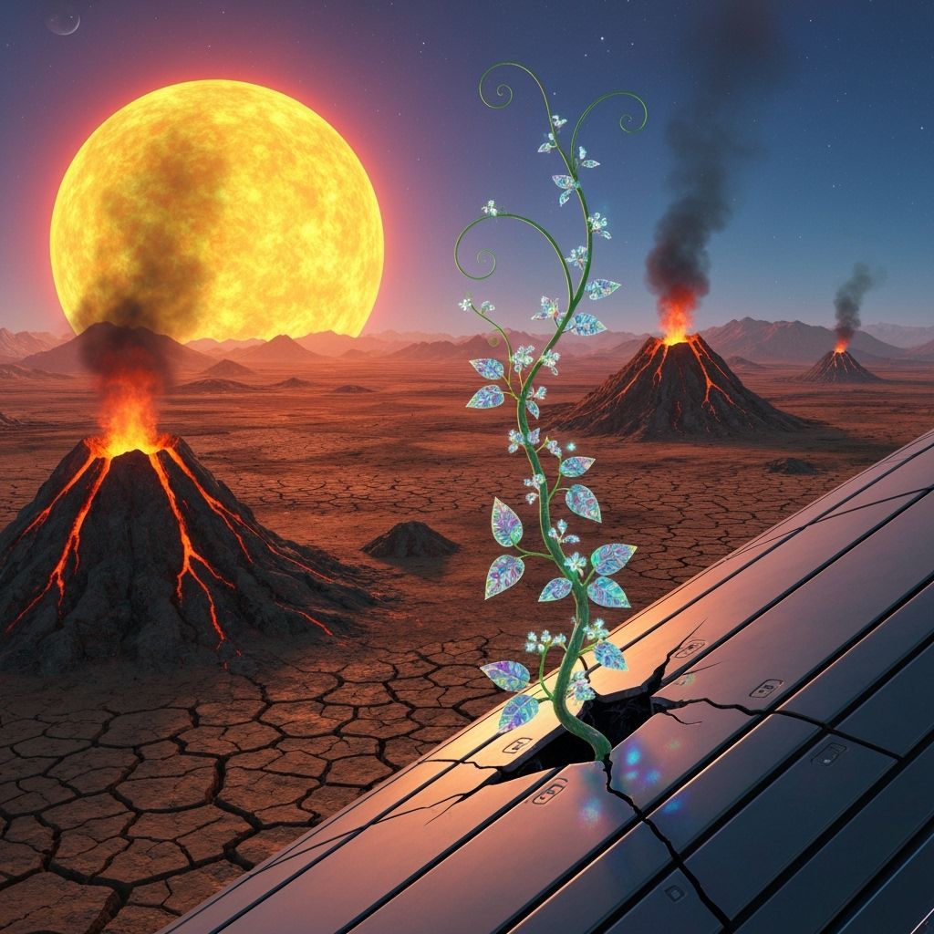Delicate Vine Sprouts on Spaceship in Barren Landscape