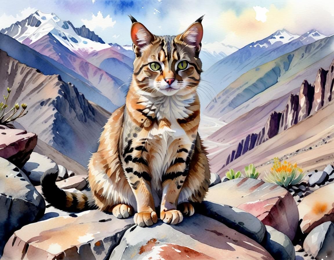 Andean Mountain Cat Watercolor in Andes Mountains