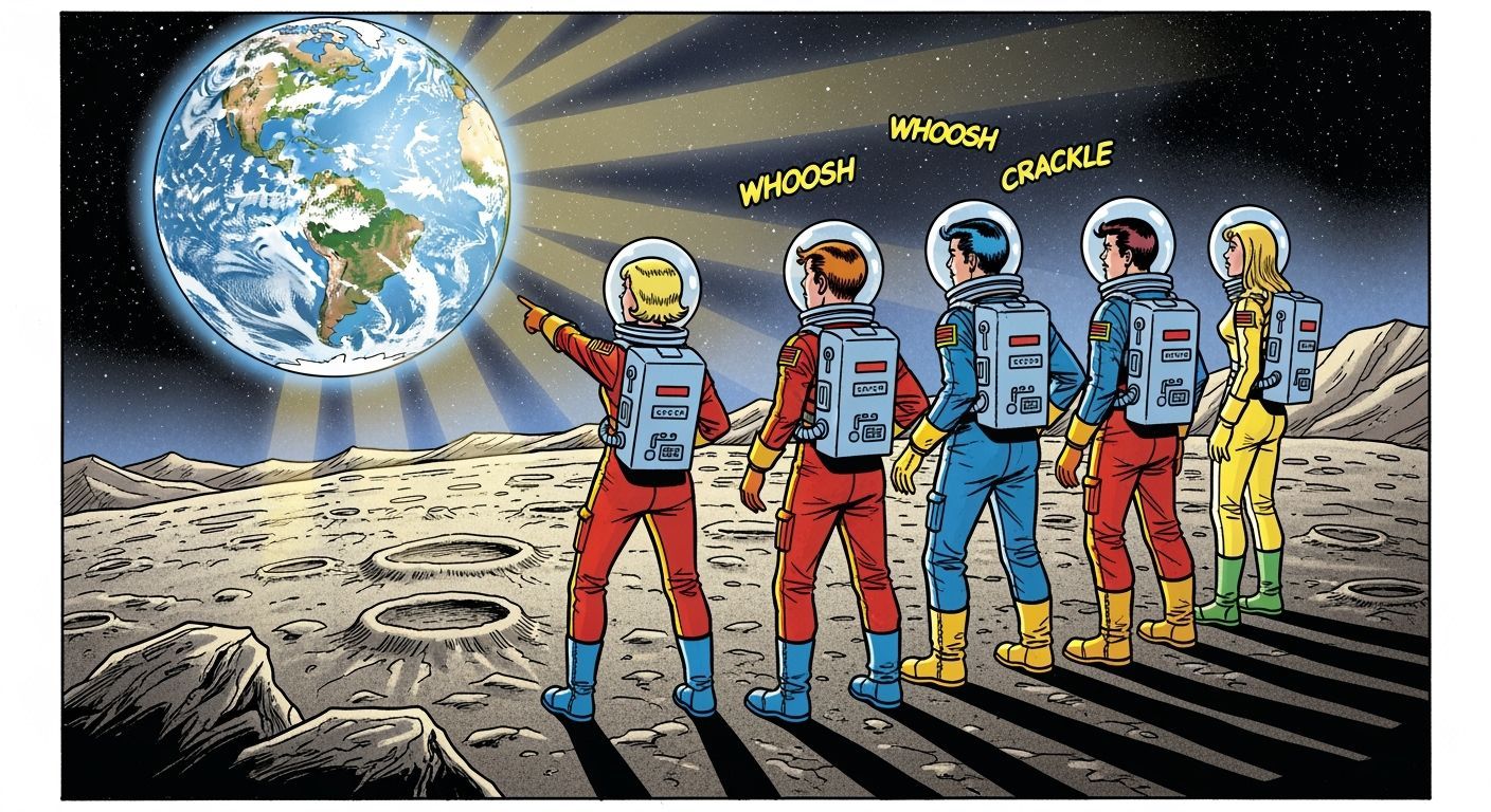 Teenagers on Moon Gazing at Earth in Retro Comic Style