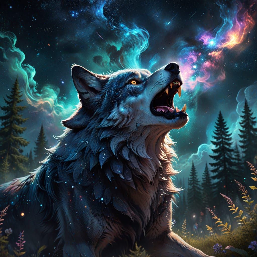 Stardust Wolf Howling at Cosmic Nebula Sky