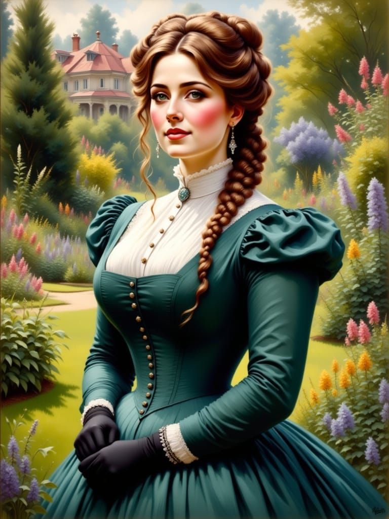 Victorian Woman in Garden: Detailed Oil Painting