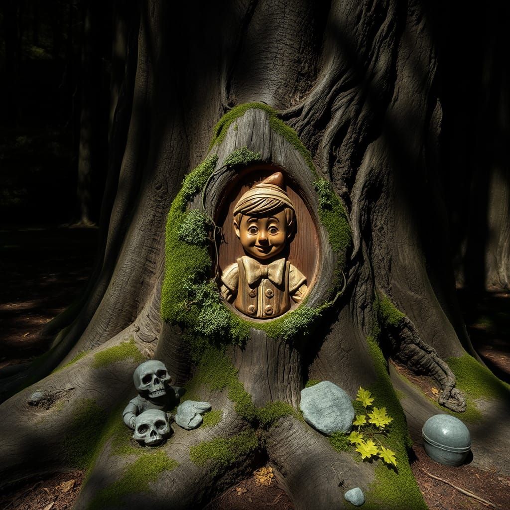 Moss-Covered Pinocchio Carving on Ancient Tree