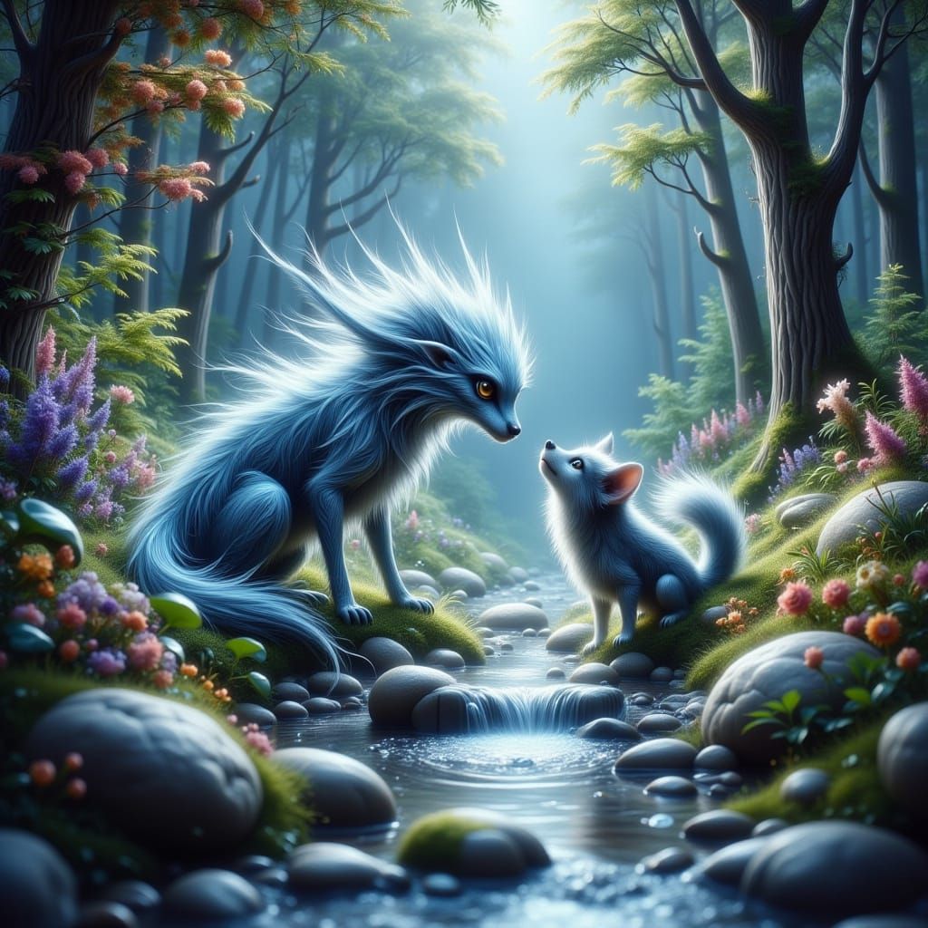 Whimsical Frost Dragon and Wolf Play in a Lush Forest