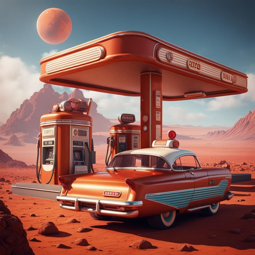 Retro Gas Station on Mars: Detailed Matte Painting