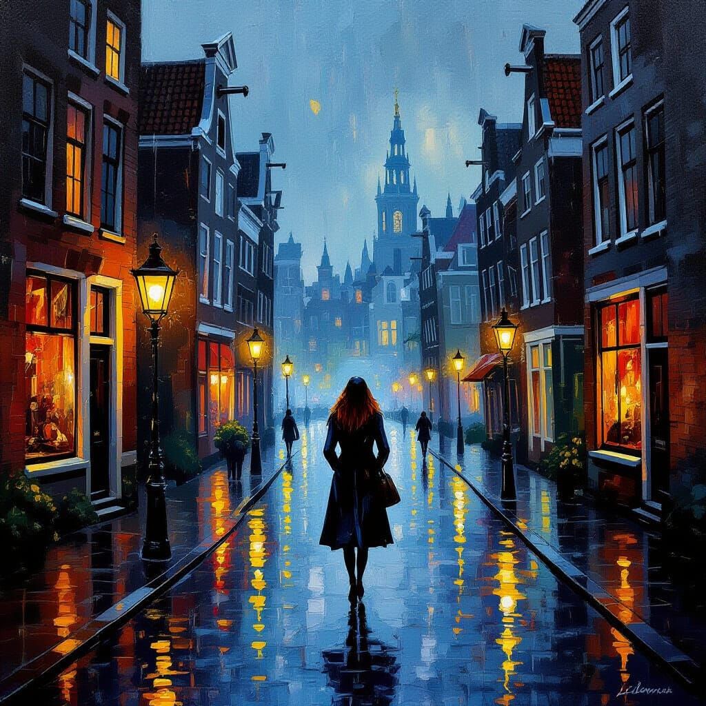 Amsterdam Street at Night in Impressionist Style