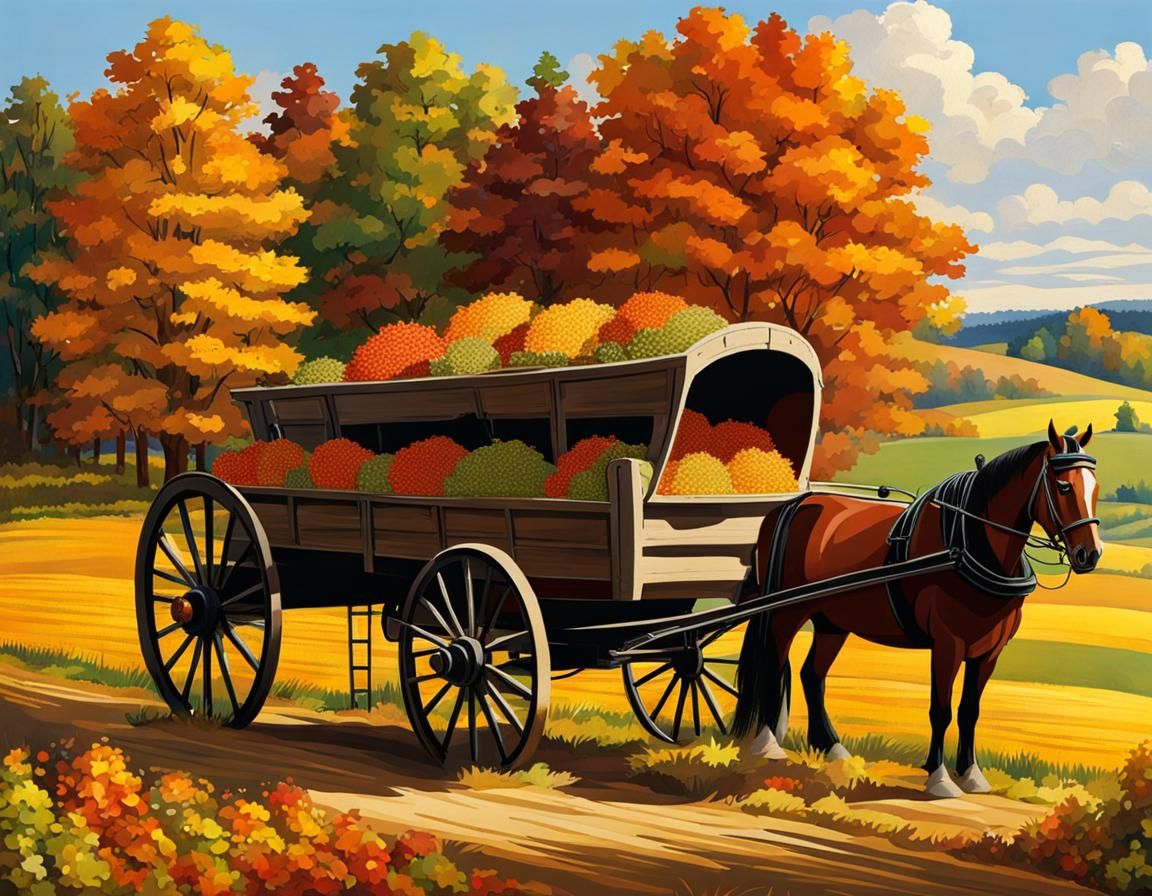 Autumn Harvest: Horse-Drawn Wagon in Rural Scene