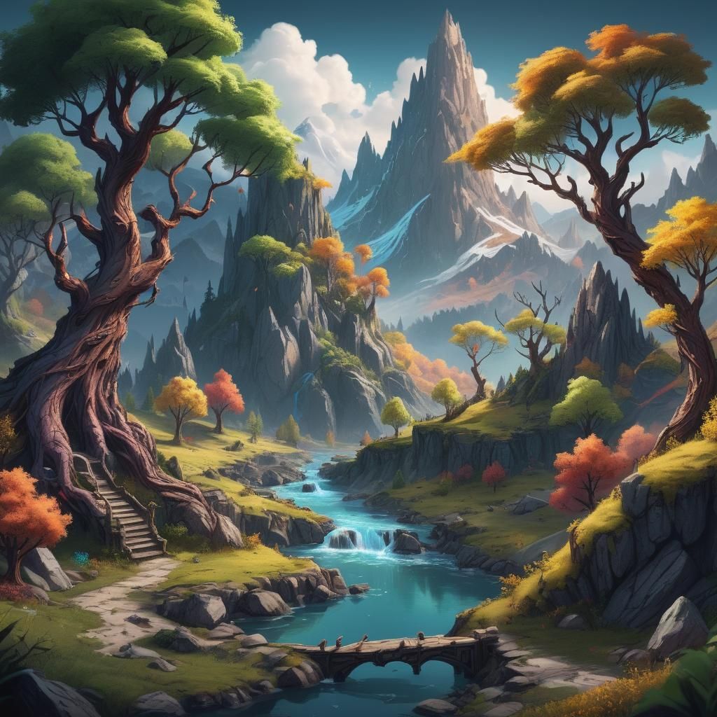 Doodle Style Fantasy Landscape in Deep Color