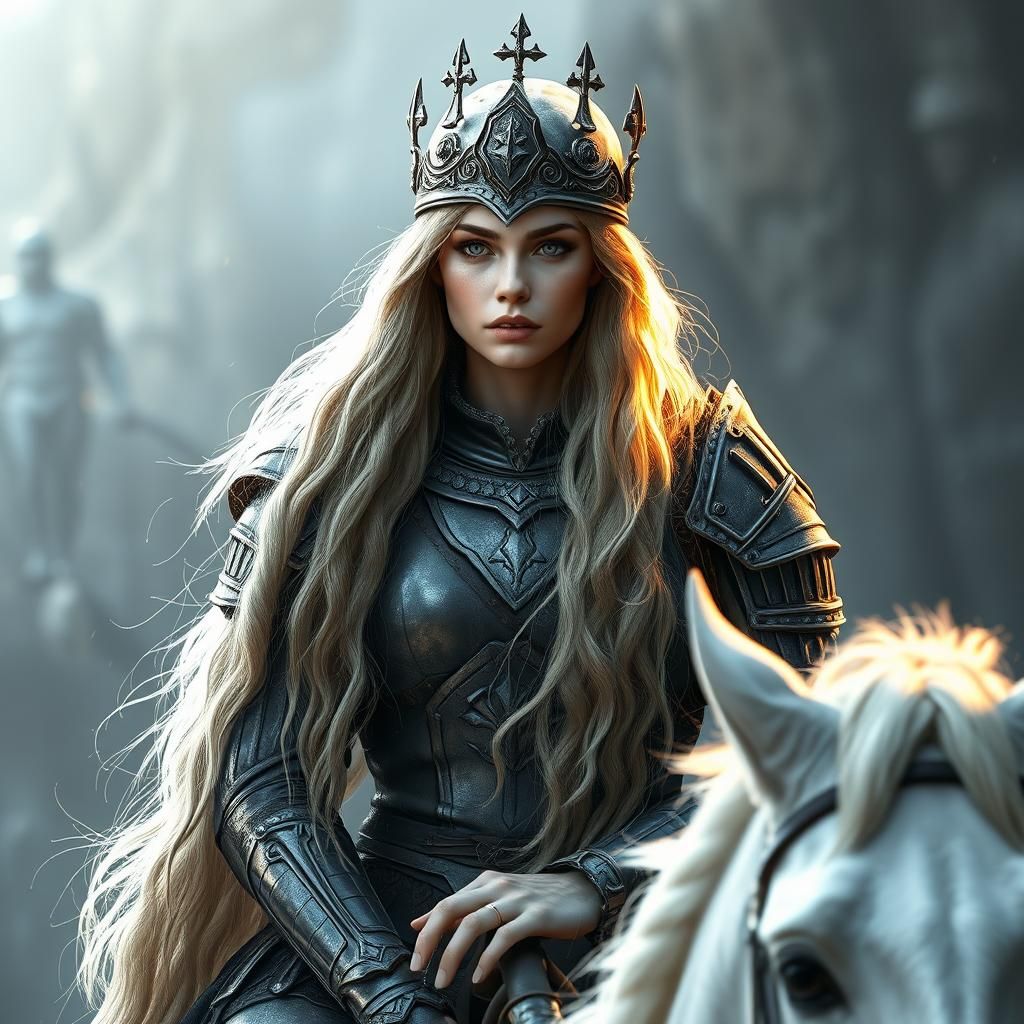 a portrait of a tall Valkyrie with long blonde hair, iron ar...