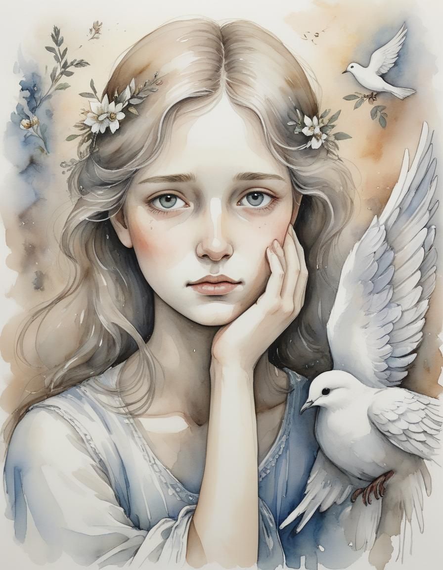 Angel and Dove in Heaven Watercolor Art