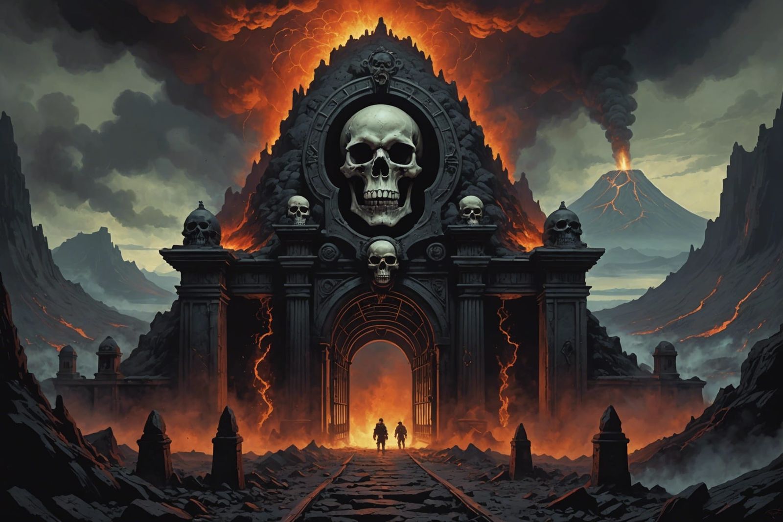 Grimdark Volcano Gates in Retro Fantasy Artwork