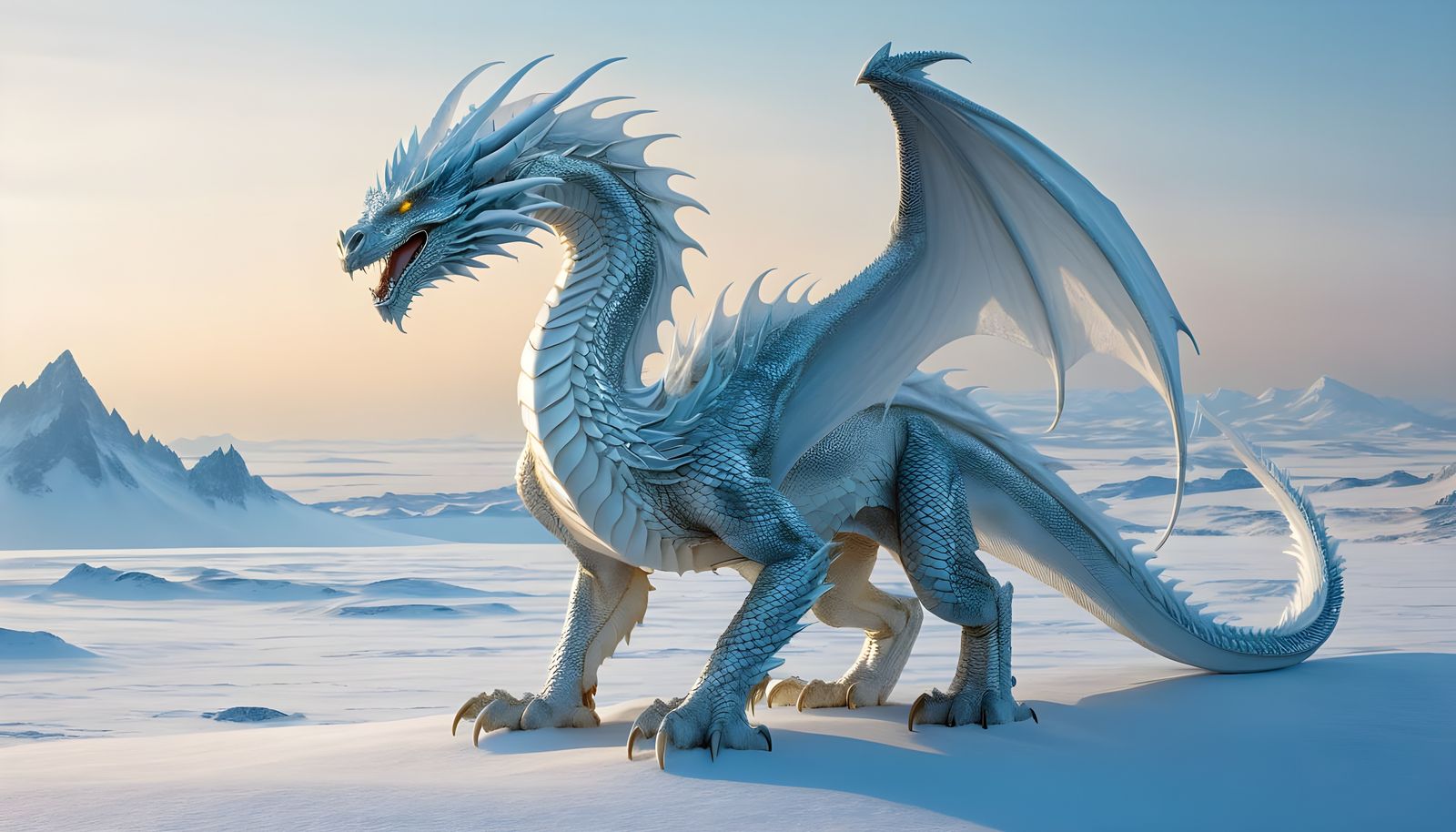 Majestic White Dragon on Arctic Plain: Fantasy Art