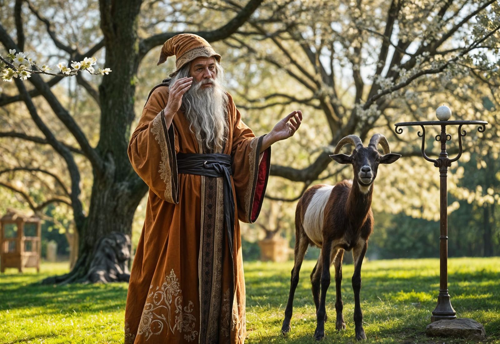 Wizard Casting Spell Before Three-Headed Goat