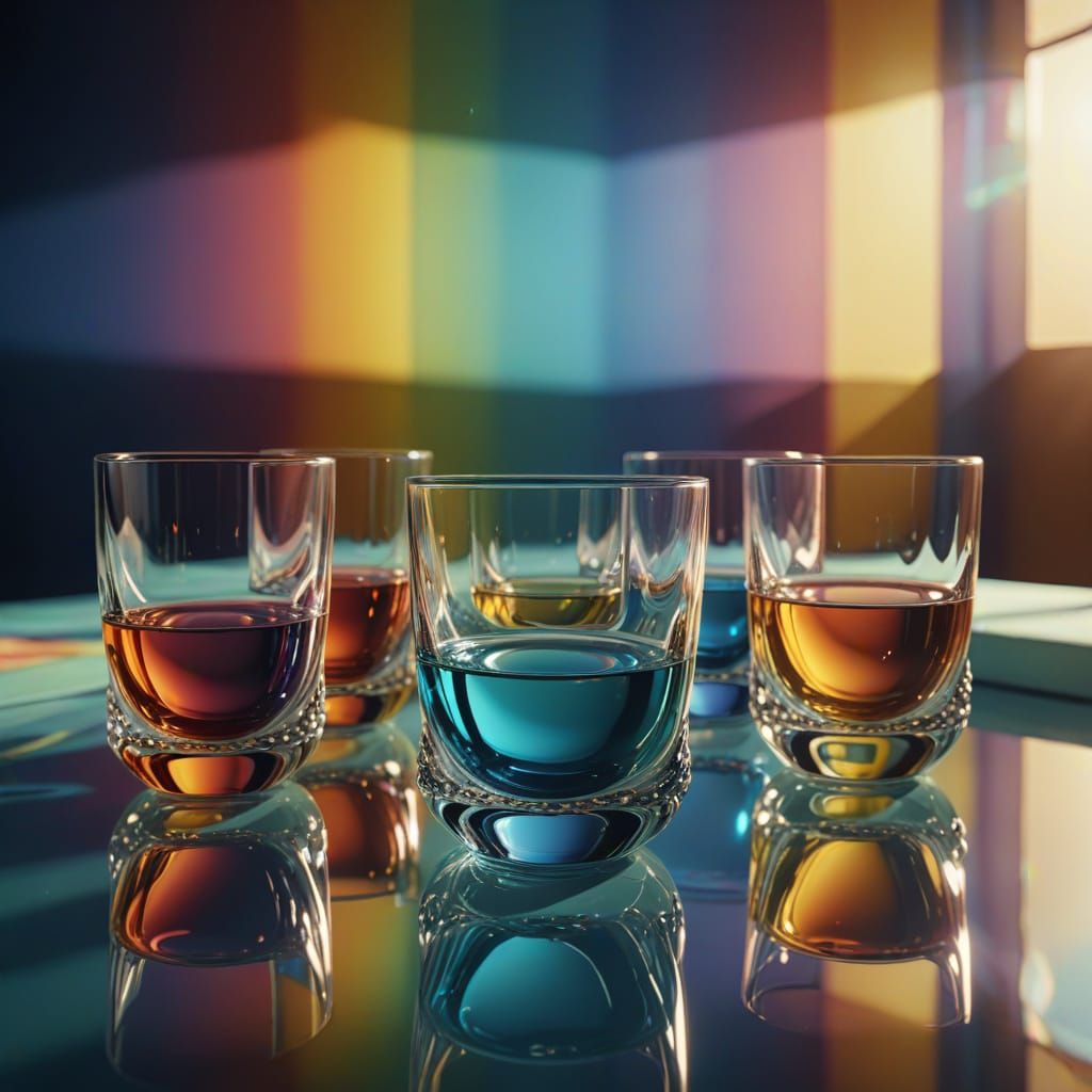 Glass Objects Casting Rainbow Shadows in Surreal Style