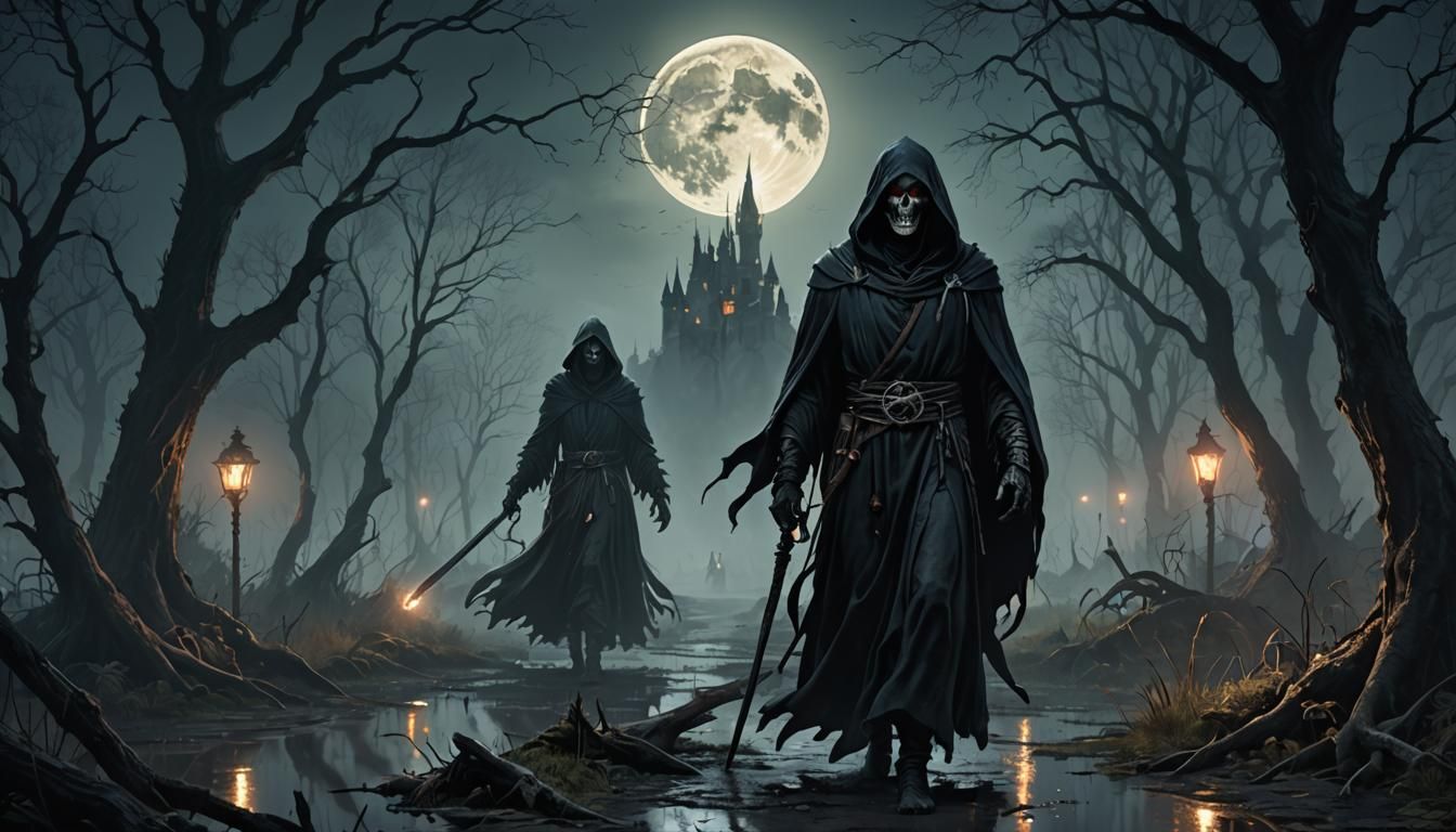 Grim Reaper in Eerie Swamp: Hyperrealistic Concept Art