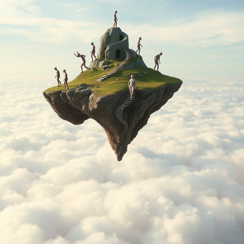 Dreamlike Dali-Inspired Island Scene with Twisted Figures