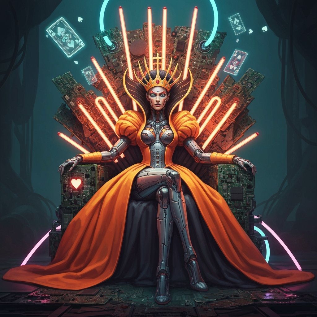 Cyberpunk Queen of Hearts on Neon Circuit Board Throne