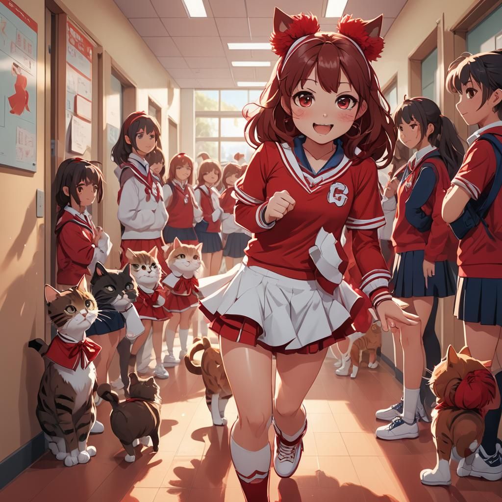 Cat Cheerleader in School Hallway, Manga Style